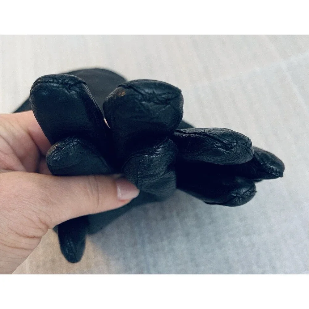 Vintage Italian Black Leather Gloves Rabbit Fur Lined Size 7.5 Made in Italy